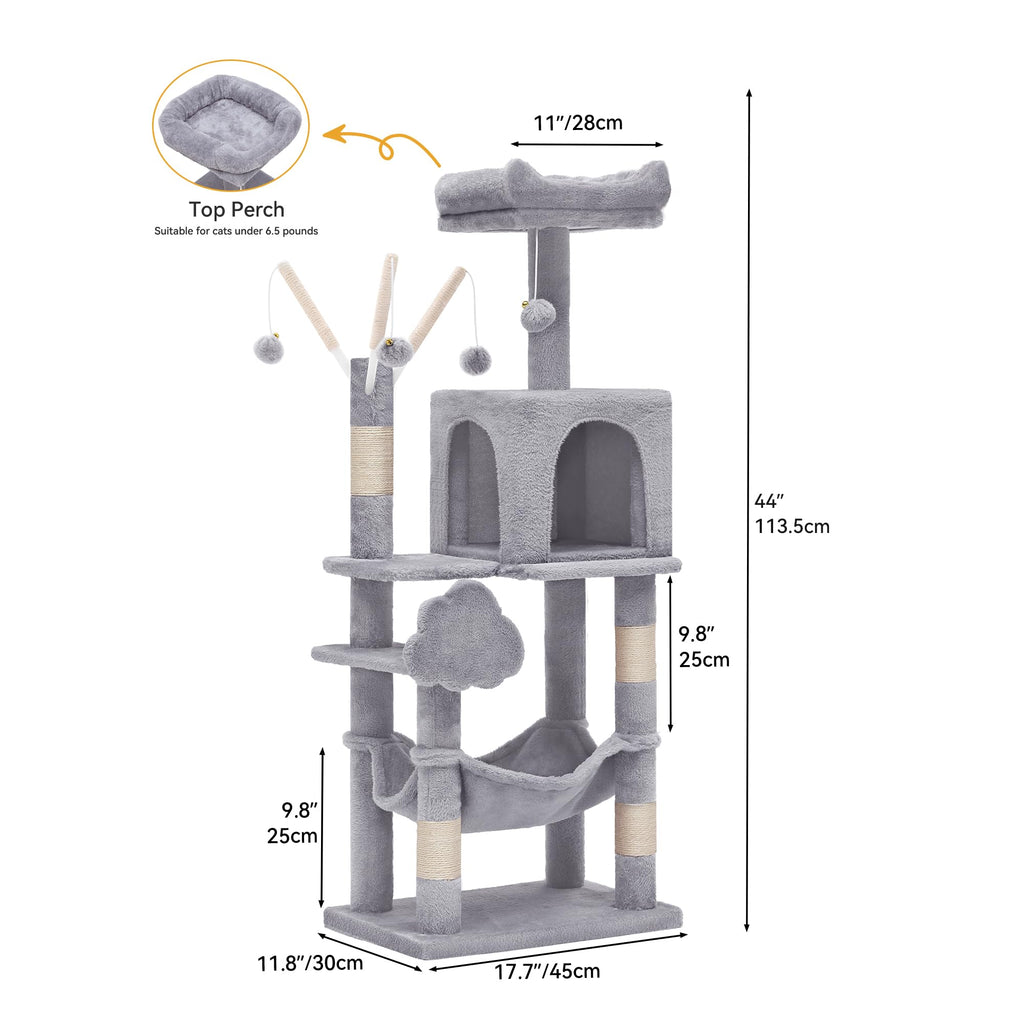 YITAHOME 44in Multi-Level Cat Tree for Indoor Kittens, Cat Furniture with Scratch Posts, Window Padded Plush Perch, Comfortable Hammock, and Interactive Pompoms, Beige
