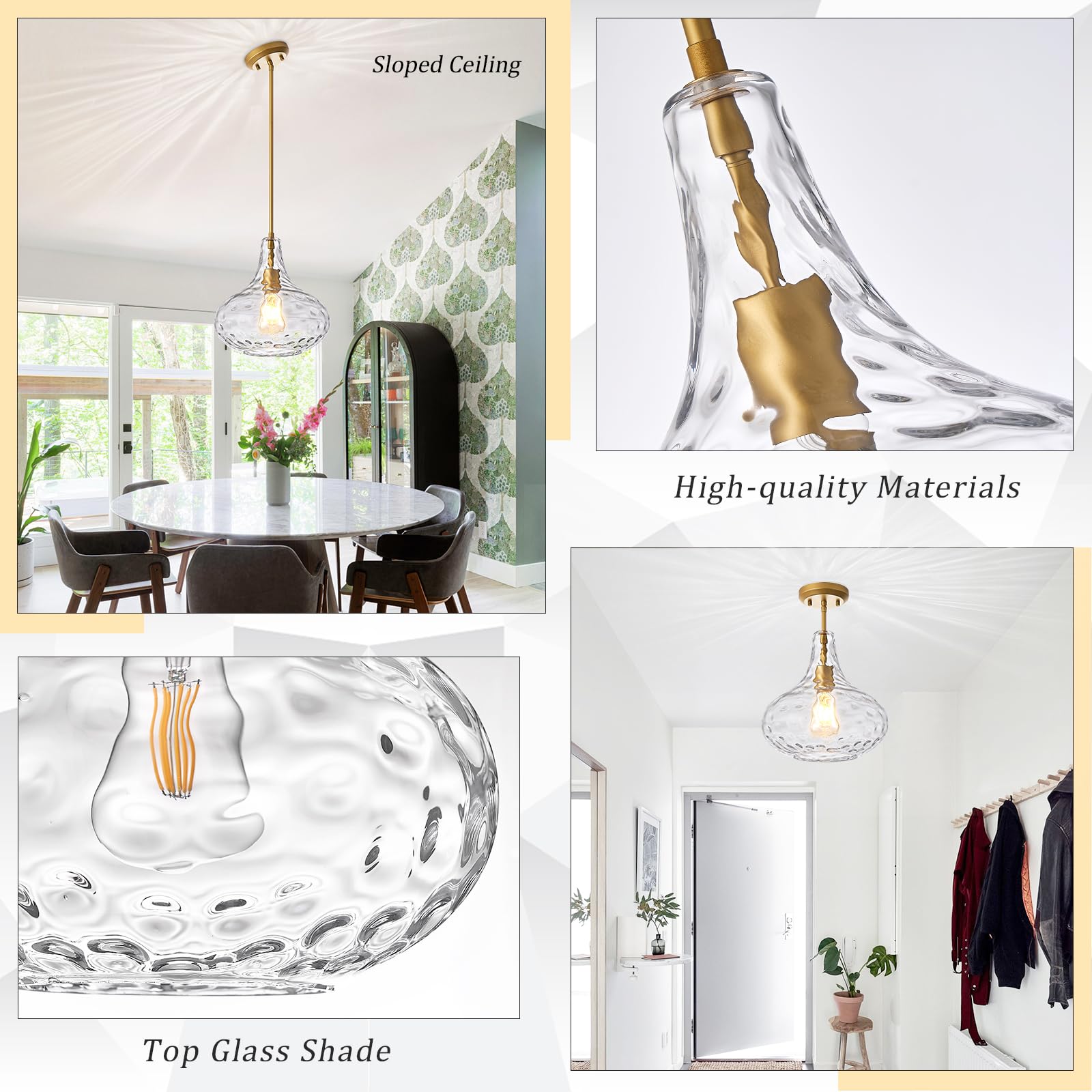 Glass Large Pendant Lights for Kitchen Island Blown Glass Pendant Light Clear Hammered Shade Hanging Ceiling Lights with Black Finish for for Kitchen Island, Sink, Hallway, Living Room 11 inch