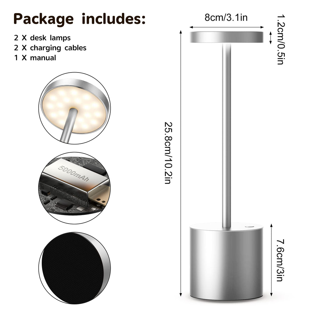 2Pack Cordless Table Lamp, Rechargeable LED Battery 5000mAh Metal USB Portable Powered Desk Lamp, 3 Levels Brightness Light for Restaurants Outdoor (2pack 10.25in Titanium)