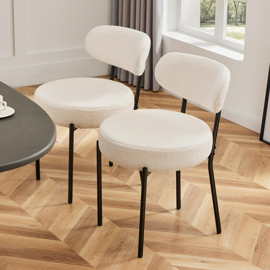 Sweetcrispy Dining Chairs Set of 2, Boucle Upholstered Modern Mid Century Round Kitchen Chairs with Curved Backrest & Metal Legs for Vanity, Living Room - Beige