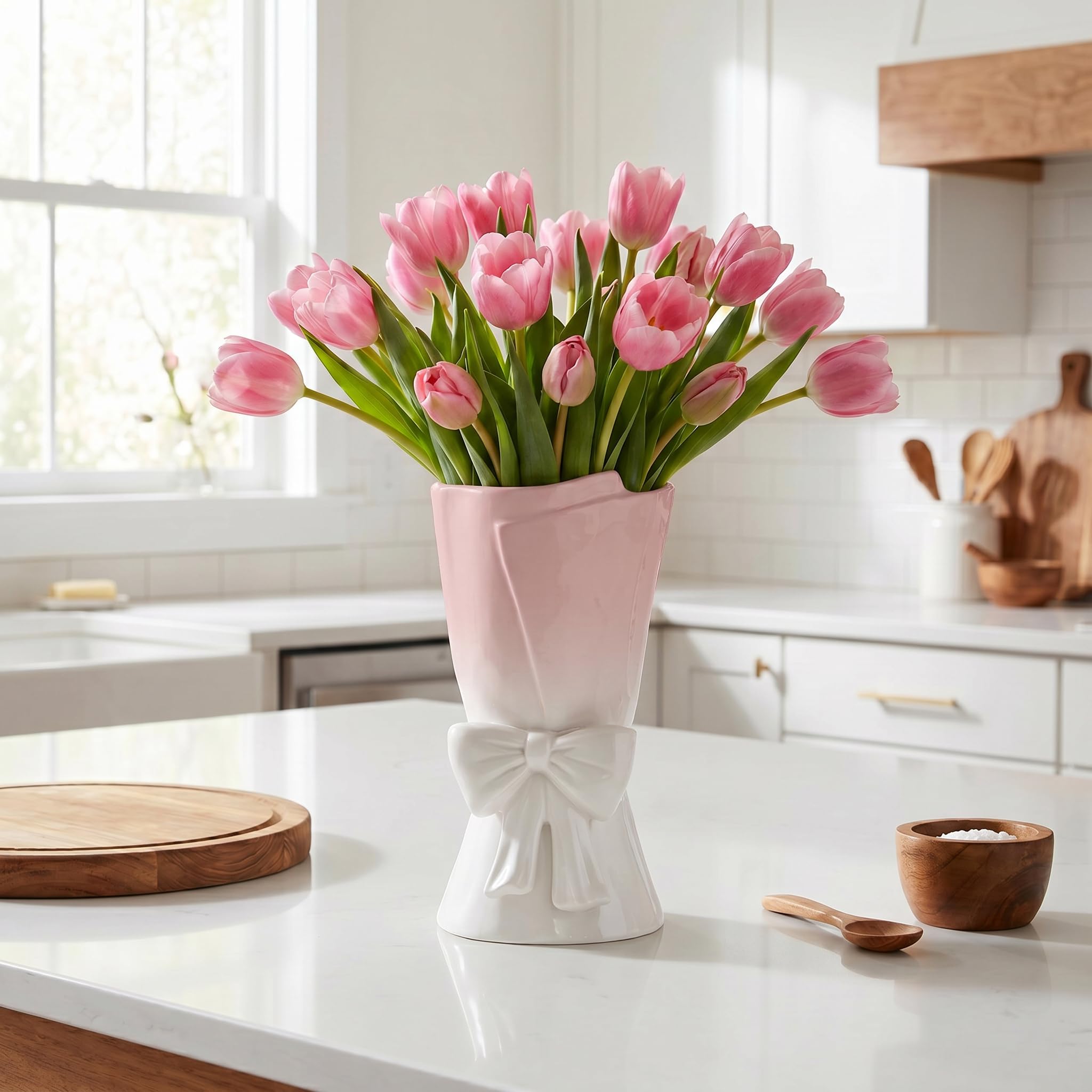 Relexome Beige Ceramic Bow Vase 9.64 in Unique Cute Modern Decorative Bouquet Flower Vases for Home Living Room Table Decor Women Girl Gifts