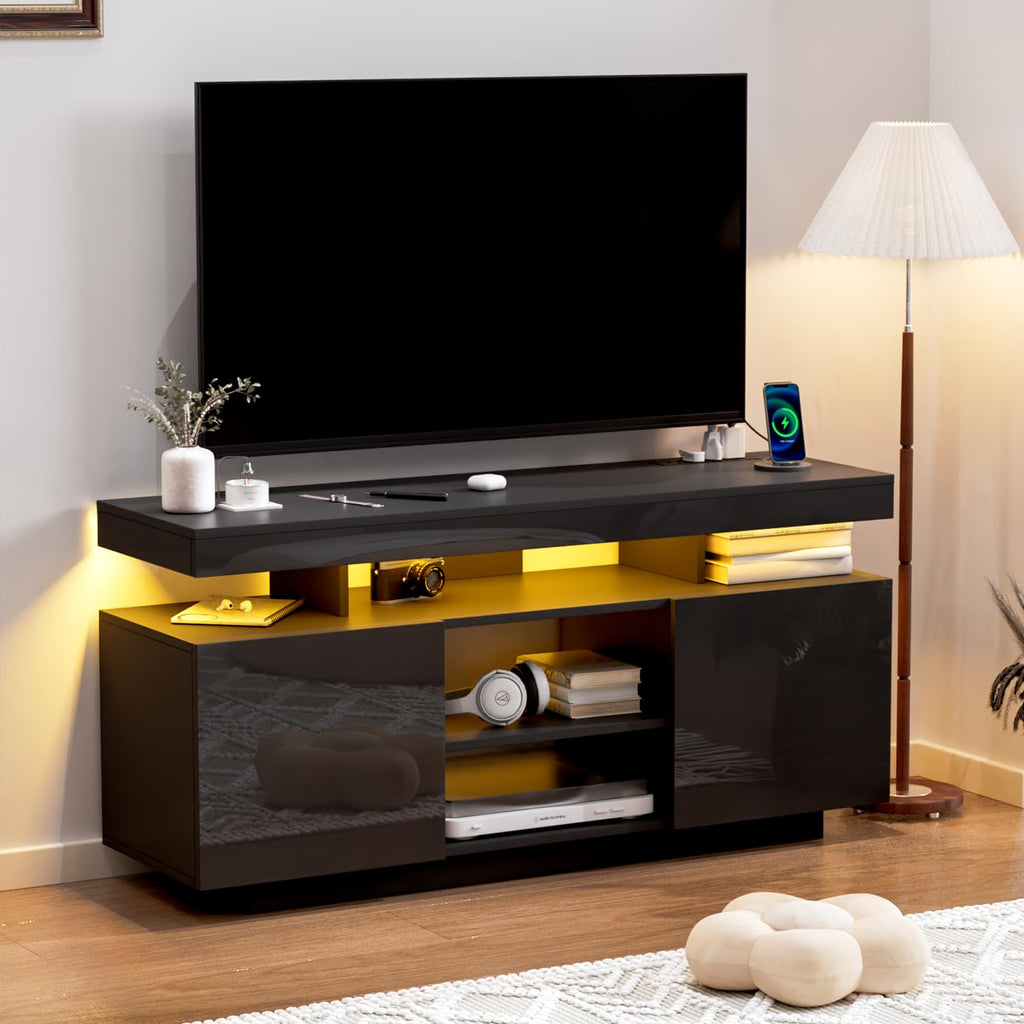HOMMPA Modern LED TV Stand for 55 Inch TV, Black Tall TV Console with Power Outlet, Entertainment Center with Storage, High Gloss Gaming Media Console Cabinet for Living Room (47 Inch)