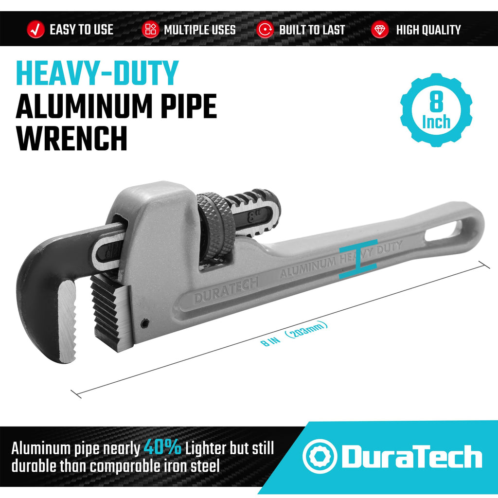 DURATECH 8-inch Heavy Duty Aluminum Straight Pipe Wrench, Adjustable Plumbing Wrench, Drop Forged, Exceed GGG standard