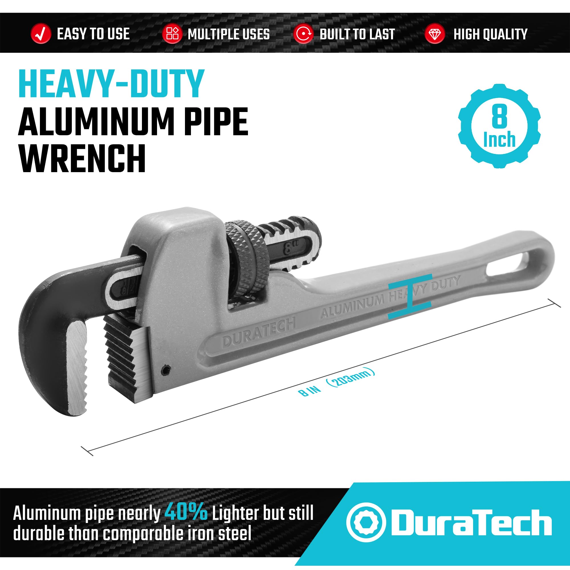 DURATECH 8-inch Heavy Duty Aluminum Straight Pipe Wrench, Adjustable Plumbing Wrench, Drop Forged, Exceed GGG standard