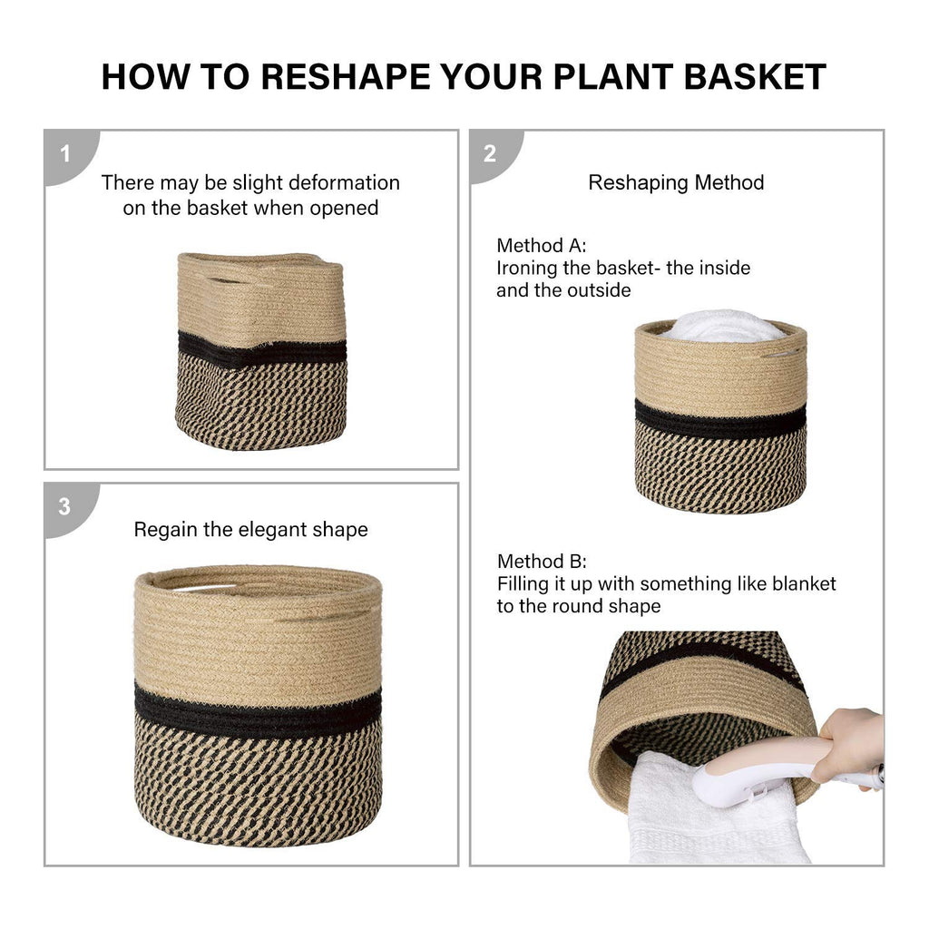 TIMEYARD Sturdy Jute Rope Plant Basket Modern Woven Basket up to 7.5 Inch Flower Pot Floor Indoor Planters, 8” x 8” Storage Organizer Baskets Rustic Home Decor, Black Stripes