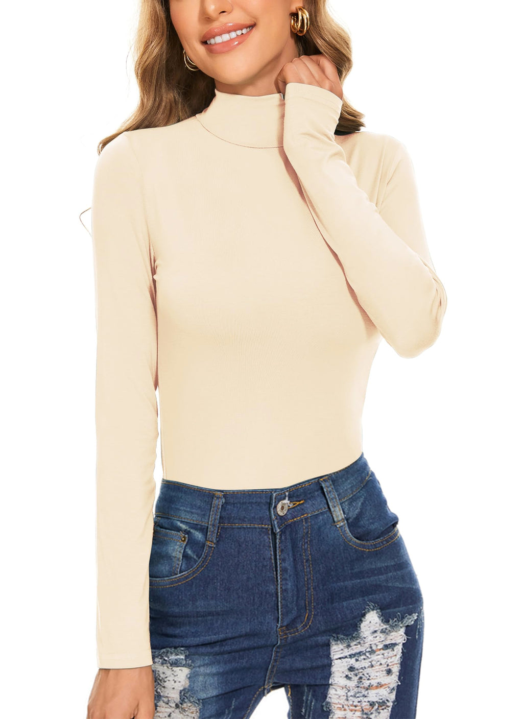 Women's Long Sleeve Mock Turtleneck Tops Casual Slim Fitted Lightweight Under Layer Pullover Shirts