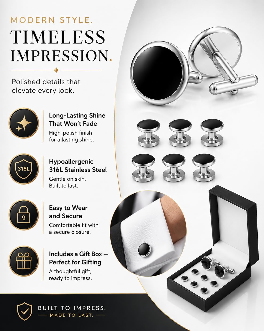 Men's Cufflinks & Tuxedo Studs Set - 316L Stainless Steel Formal Wedding Jewelry, Groomsmen Gift Set with Gift Box