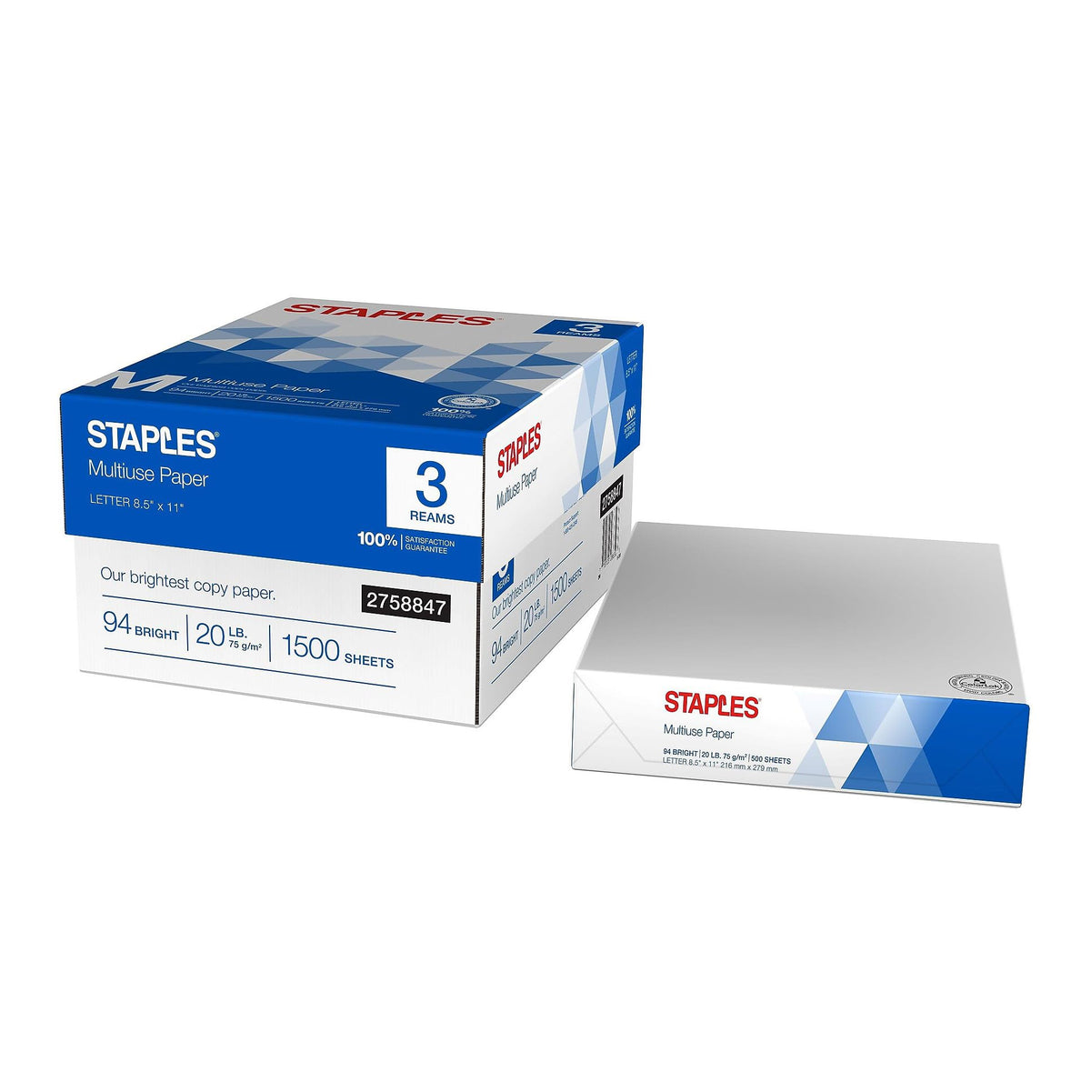 Staples Multiuse Copy Paper, 20 Lb, 94 Bright, 8 1/2" x 11", White, 3-Ream Case, For Office, School & Home