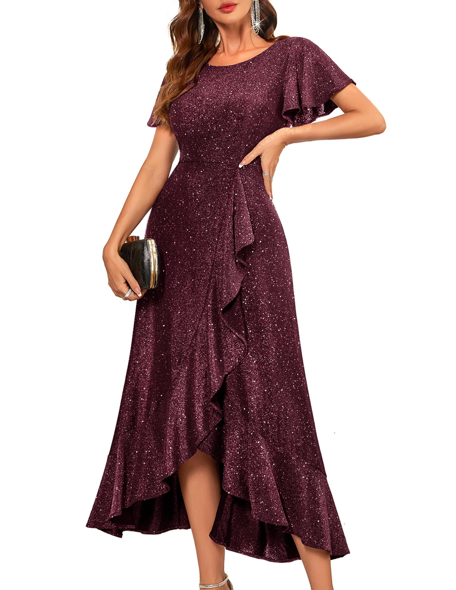BeryLove Women Sequin Formal Party Dress Flutter Short Sleeve Wedding Cocktail Long Evening Dress