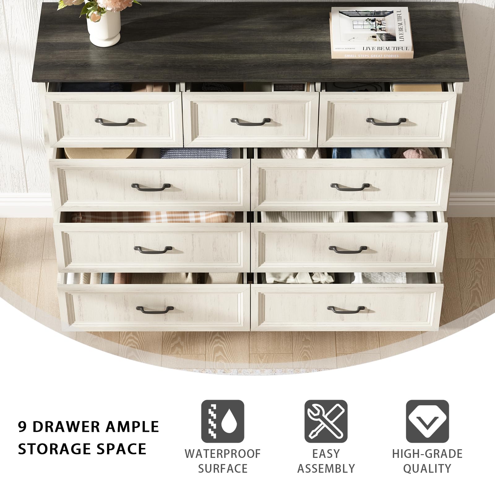 Farmhouse 5 Drawers Dresser for Bedroom, 44" Tall Brown dresser Wood Rustic Chest of Drawers with Wide Metal Handle,Natural Texture,Drawer Organizer for Bedroom,Living Room,Hallway and Entryway