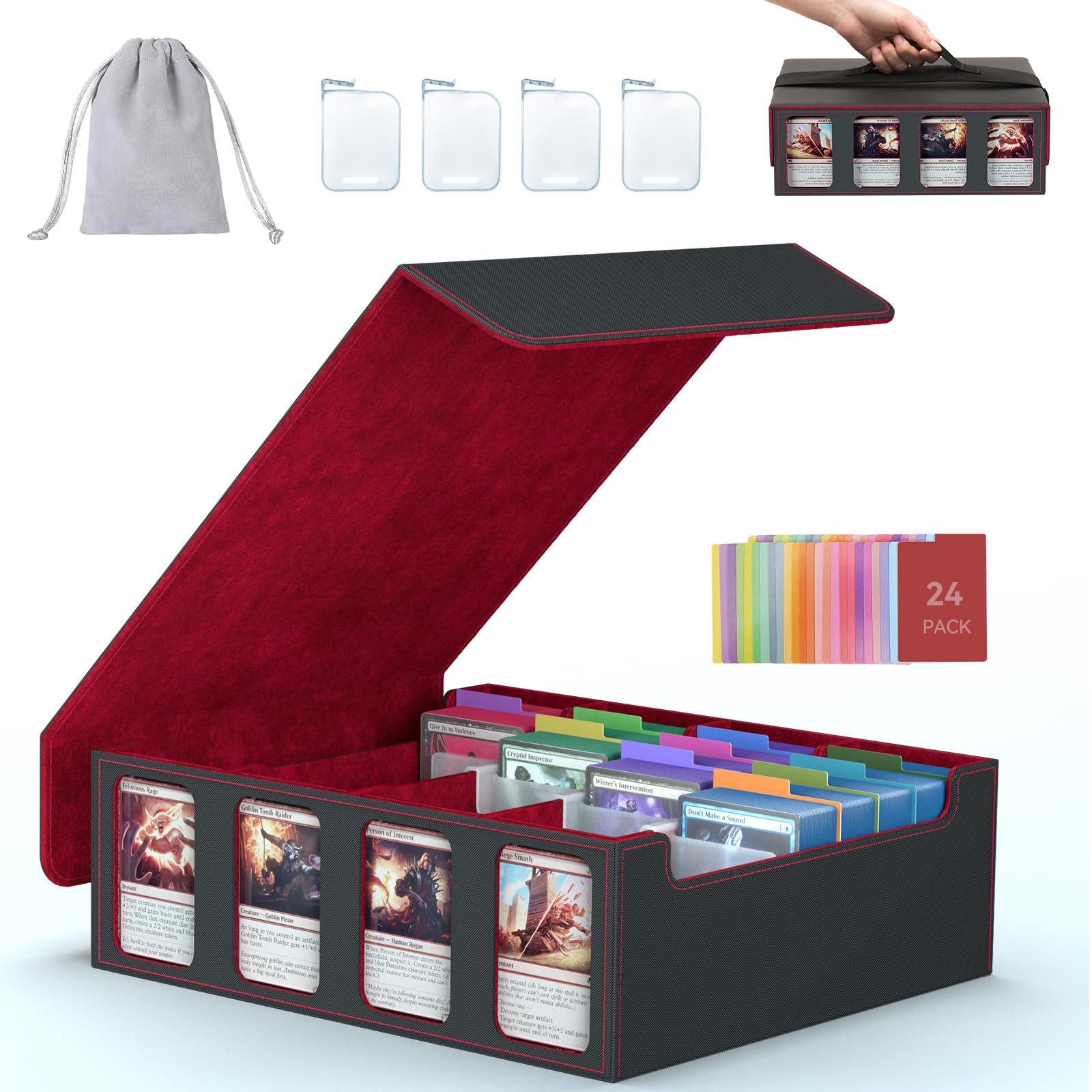 3-Row Trading Card Storage Box, Bulk Cards Case for 2400+ Mtg tcg Magic Playing Game Card Organizer, Commander Deck Box with 3 Supports & 24 Dividers