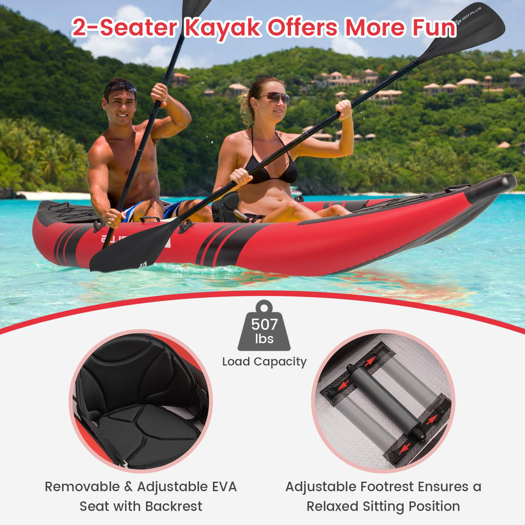 Goplus Tandem Inflatable Kayak, 12.5FT 2-Person Kayak for Adults w/507 LBS Weight Capacity, 2 Aluminium Oars, Padded Seat, 2 Fins, Hand Pump, Carry Bag, Repair Kit, Portable Touring Kayaks