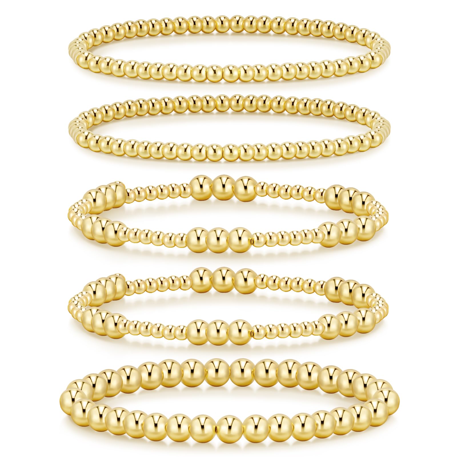 adoyi Gold Bracelets for Women Waterproof, 14K Gold Plated Beaded Strand Bead Ball Bracelets stack Adjustable Jewelry Set for Gifts