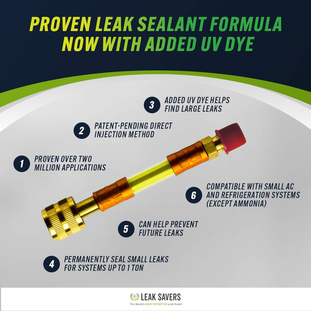 Leak Saver Direct Inject Small System with UV Dye - Refrigerant Leak Sealer - Detects Large Leaks - Ideal for Most Small Home Appliances and HVAC Systems up to 1 Ton - Proudly Made in The USA