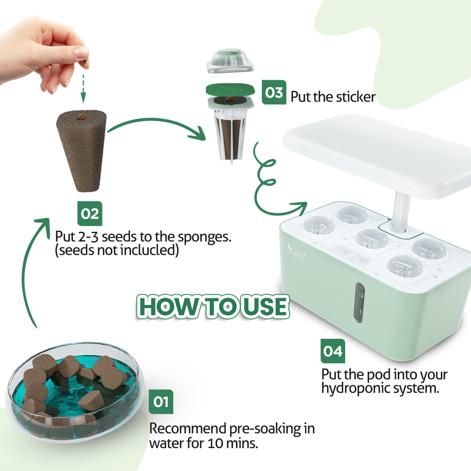 LETPOT 77 Pcs Seed Pod Kits, Square Grow Anything Kit for Hydroponics, with 2 A&B Nutrient Plant Foods and 30 Sponges, 5 Domes, 10 Baskets, 30 Stickers, Compatible Mini and Other Brand