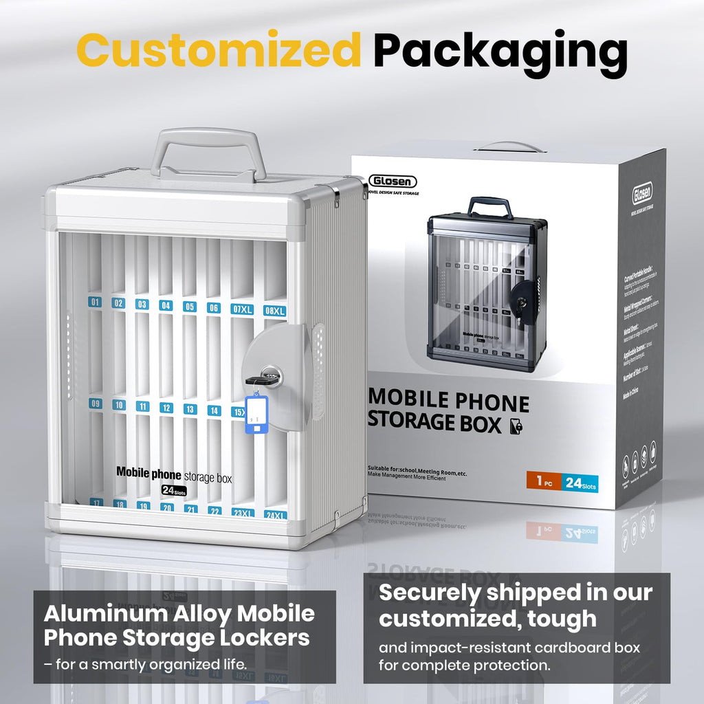Glosen Cell Phone Locker 24 Slots, Portable Phone Storage Cabinet [Wall Mounted] [Silver 24 Slots-Universal Key ] Aluminum Alloy Cellphone Lock Box with Key & Handle for School Classroom Office Exam