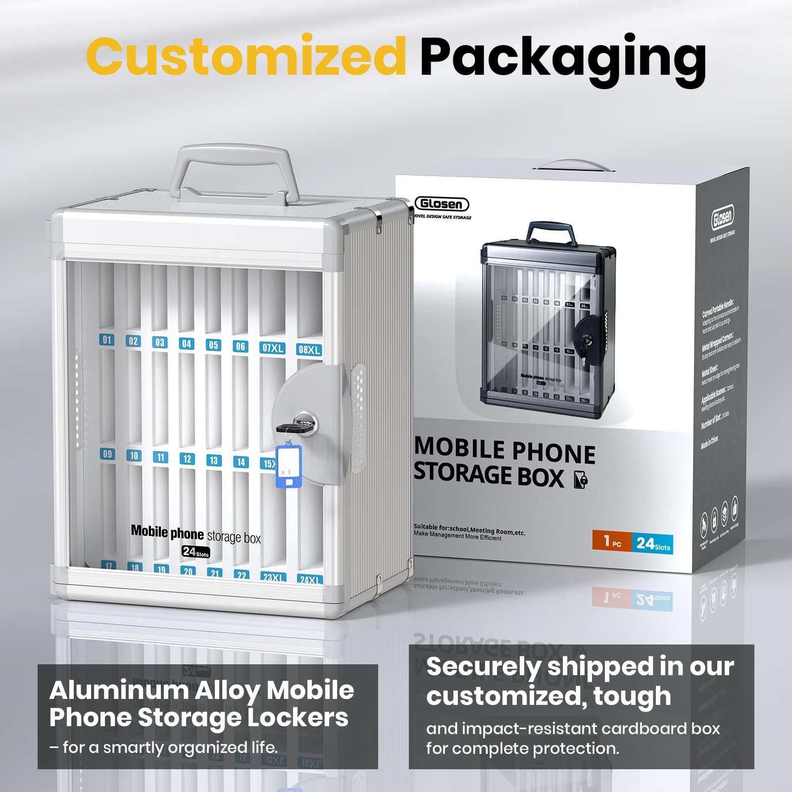 Glosen Cell Phone Locker 24 Slots, Portable Phone Storage Cabinet [Wall Mounted] [Silver 24 Slots-Universal Key ] Aluminum Alloy Cellphone Lock Box with Key & Handle for School Classroom Office Exam