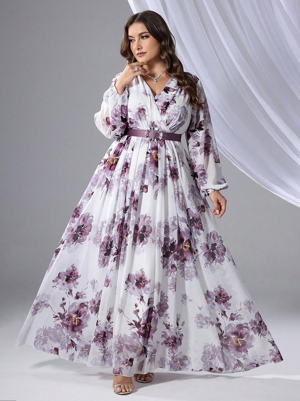 Spring Summer 2024 Plus Size Womens Dresses V Neck Casual Elegant Long Sleeve Floral Print Maxi Dress