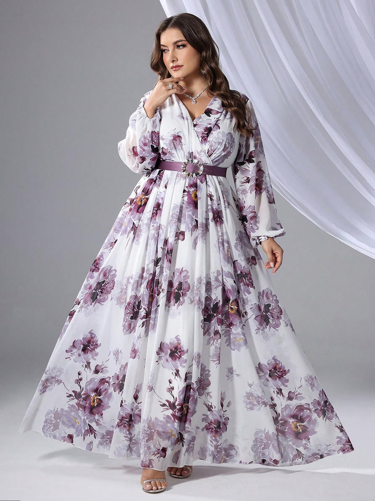 Spring Summer 2024 Plus Size Womens Dresses V Neck Casual Elegant Long Sleeve Floral Print Maxi Dress