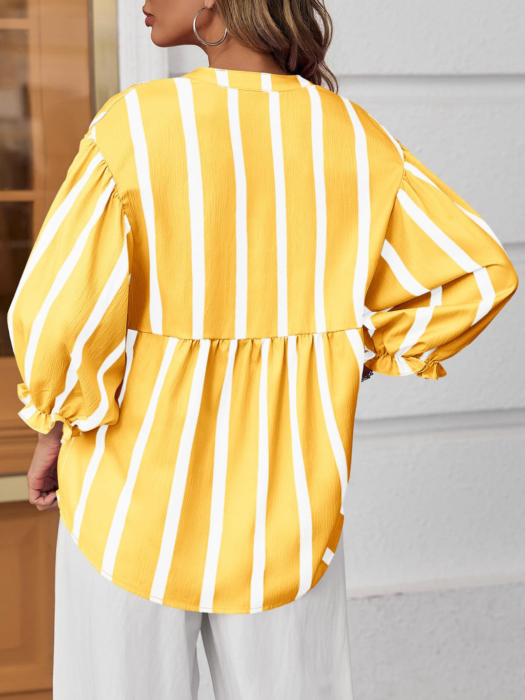 Tankaneo Womens Puff Sleeve Babydoll Tops Summer V Neck Striped Blouse Cute Casual Loose Fit Flowy Shirts