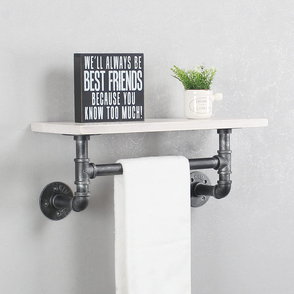 MBQQ Industrial Pipe Shelf Bathroom Shelves Wall Mounted,19.6in Rustic Wood Shelf with Towel Bar,1 Tier Farmhouse Towel Rack,Pipe Shelving Floating Shelves Towel Holder,Black & White