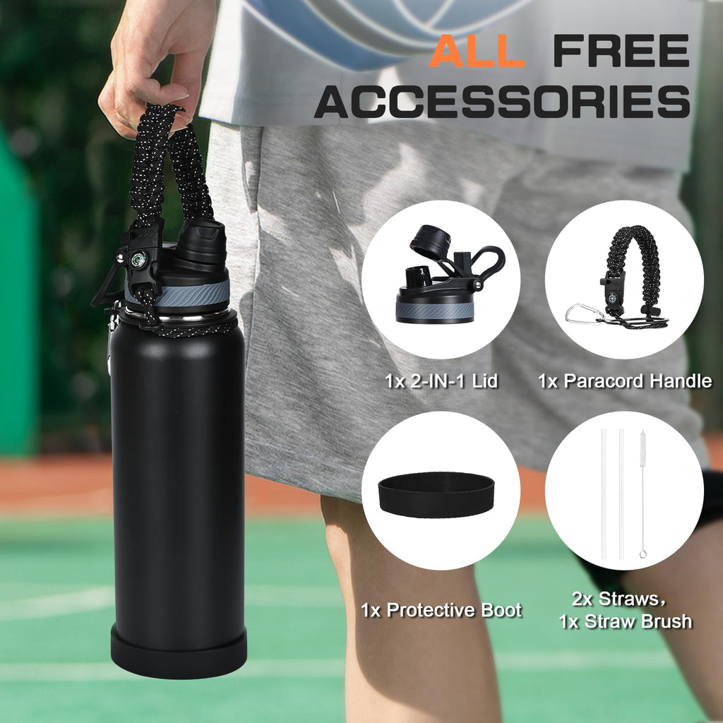 GAZLEMHO 40 oz Insulated Water Bottle with Straw& Spout 2-in-1 Lid, Triple Wall Vacuum Stainless Steel Cold 48H, Leak Proof Sports Metal Flask Jug with Paracord Handle, Black