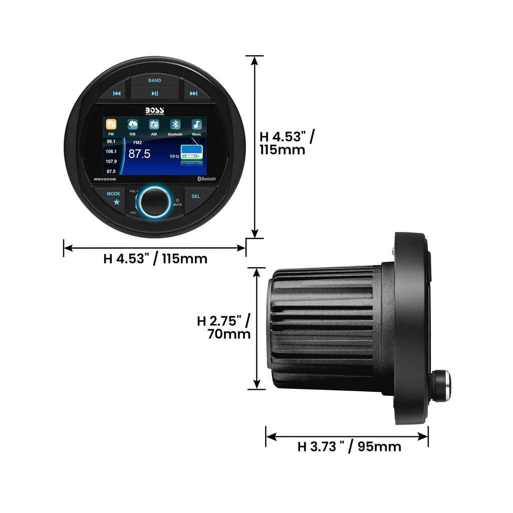 BOSS Audio Systems MGR250B Bluetooth Marine Radio Gauge Receiver, Built-In Amplifier, IPX6-Rated, USB Port + USB Charging