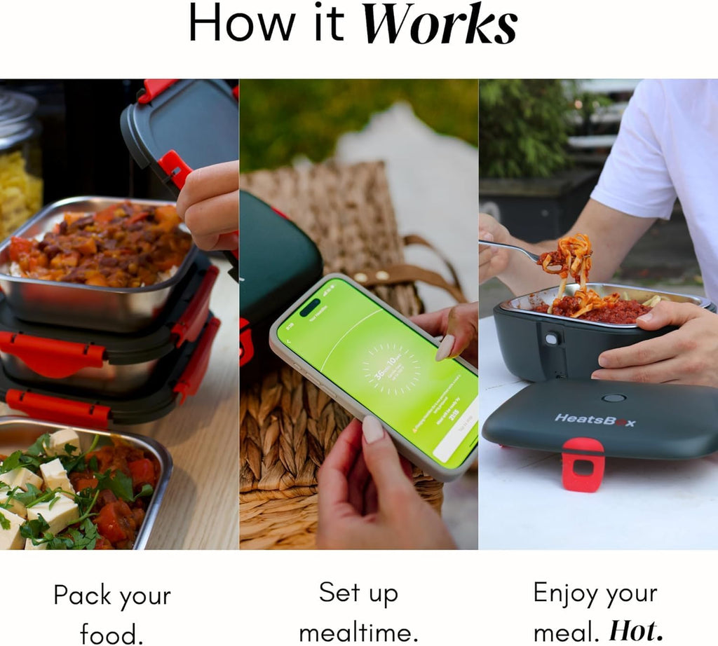 HeatsBox Go Cordless Electric Lunch Box 100W | Rechargeable Self Heating Container | App Control | 3.9 cups Battery Operated Food Warmer for Adults | Car, Truck, Office, Travel | 5V,12V,24V,110V