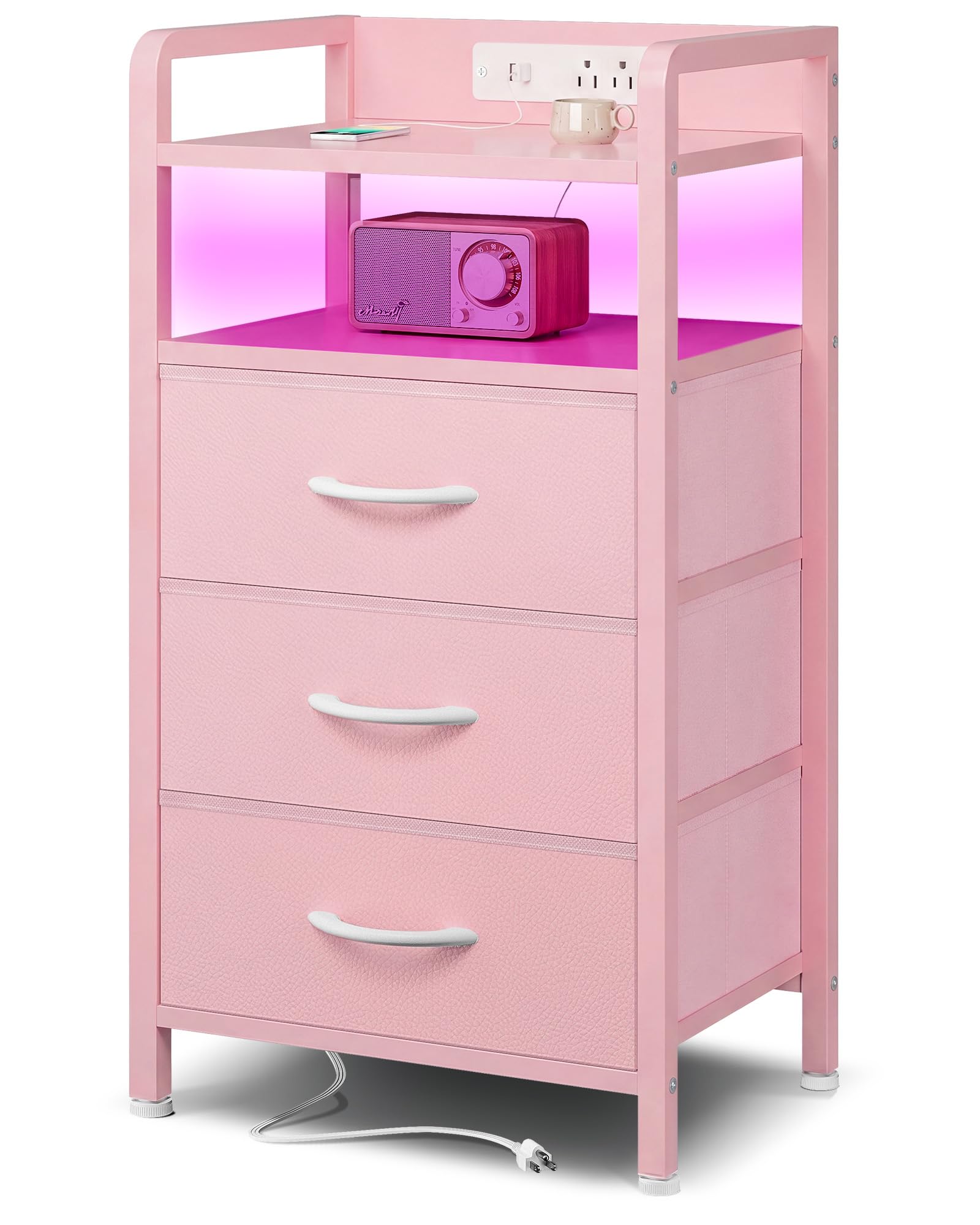 Lazzanto Night Stand Bedside Charger Bedroom - Nightstand with Charging Station & LED Light Strip, Night Stand with Storage Shelf & 2 Fabric Drawers, Morden End Table with U-S-B Ports & AC Outlets