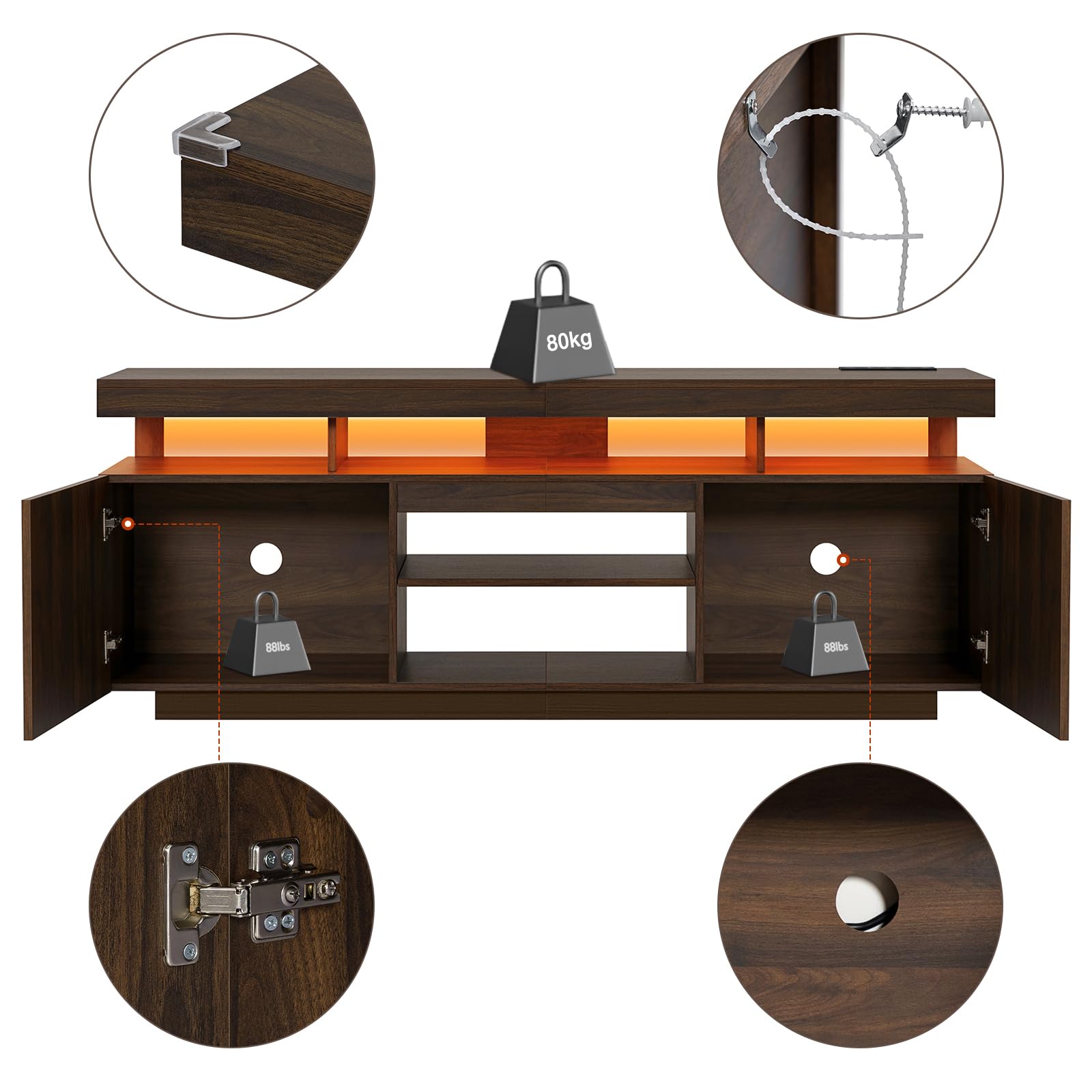 HOMMPA Modern LED TV Stand for 55 Inch TV, Black Tall TV Console with Power Outlet, Entertainment Center with Storage, High Gloss Gaming Media Console Cabinet for Living Room (47 Inch)