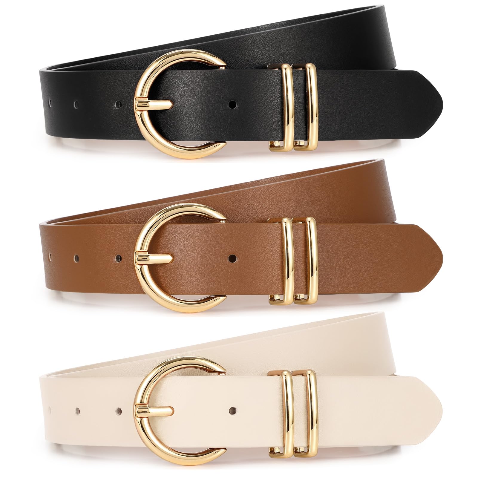 XZQTIVE 3 Pack Women Belts For Jeans Dresses Pants Ladies Leather Waist Belt with Gold Buckle