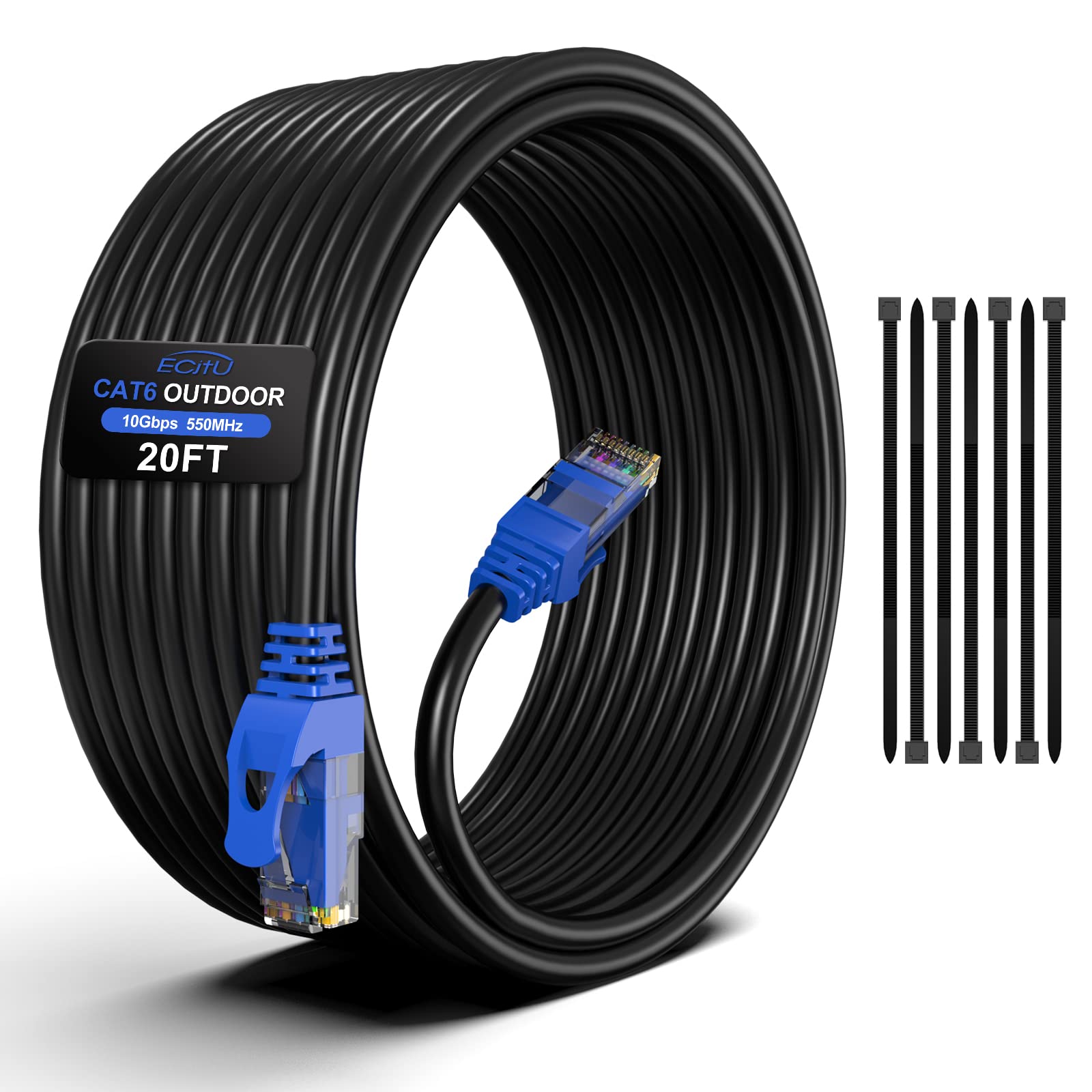 20FT Cat6 Outdoor Ethernet Cable, In-Ground, Heavy Duty Direct Burial, 24AWG CCA Patch Cord, PoE, UTP, Waterproof, LLDPE UV Resistant, Network, Internet, LAN, Cat 6 Cable 20 Feet with 25 Cable Ties