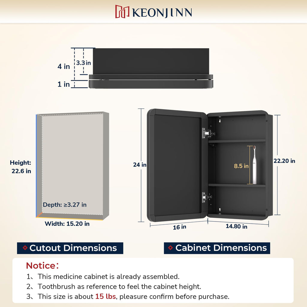 Keonjinn 15 x 36 Inch Black Slim Medicine Cabinets, Narrow Bathroom Side Medicine Cabinet with Mirror, Stainless Steel Framed, Adjustable Shelves, Recessed or Wall Mount, Modern Farmhouse