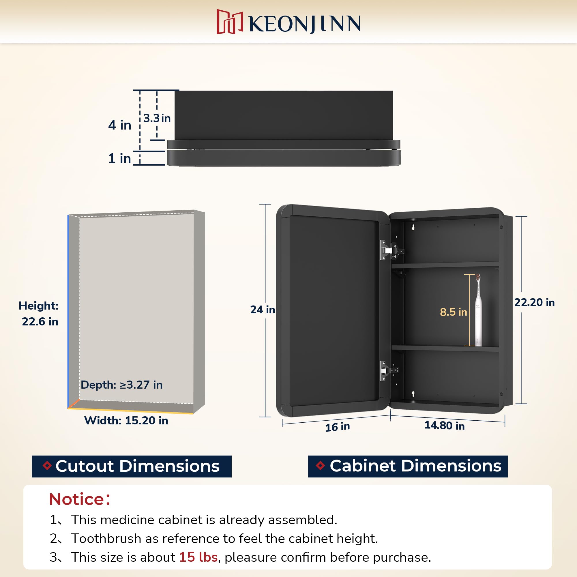 Keonjinn 15 x 36 Inch Black Slim Medicine Cabinets, Narrow Bathroom Side Medicine Cabinet with Mirror, Stainless Steel Framed, Adjustable Shelves, Recessed or Wall Mount, Modern Farmhouse