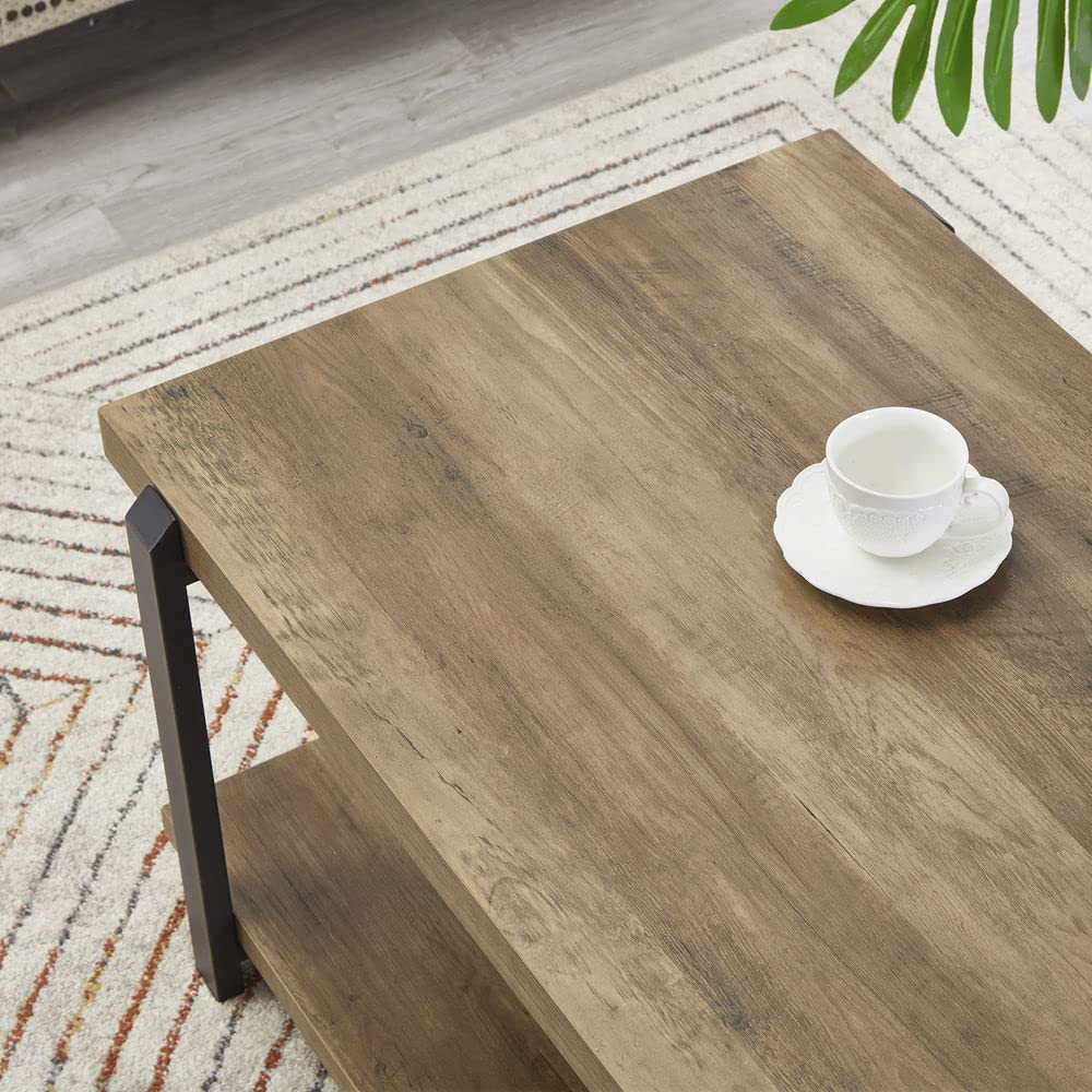 FOLUBAN Black Coffee Table, Modern Rustic Wood Center Table with Storage for Living Room, Industrial Rectangle 2 Tier Cocktail Tea Table, Black Oak