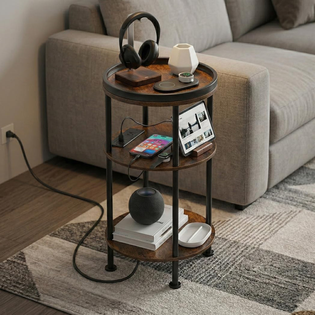Small Round Side Table with Charging Station for Small Spaces, 3-Tier Accent Table with USB Ports & Power Outlets, Sofa Corner Tea Table for Living Room Nightstand Bedroom Apartment (Black)