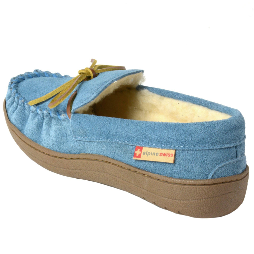 Alpine Swiss Sabine Womens Moccasin Slippers Genuine Suede House Shoe Memory Foam Insole Plush Faux Shearling Fur Indoor Outdoor Anti-Slip Rubber Sole