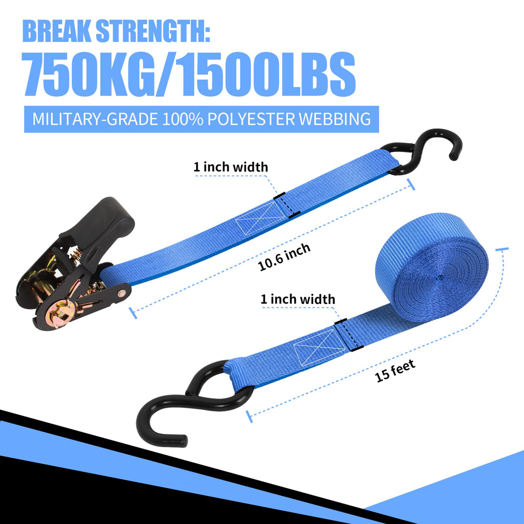 Cartman Ratchet Tie Down, 4Pk 15Ft, 500Lbs Load Cap/ 1500Lbs Break Strength, Cargo Straps for Moving Appliances, Lawn Equipment, Motorcycle in a Truck, with Carry Bag