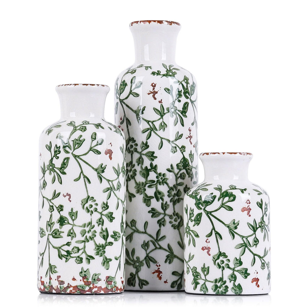 Ceramic Vase Set - 3 Ceramic Small Vases, Farmhouse Country Flower Vase Home Decor, Living Room Decoration, Table Decoration, Fireplace Decor, and Entrance Decorations Centerpieces