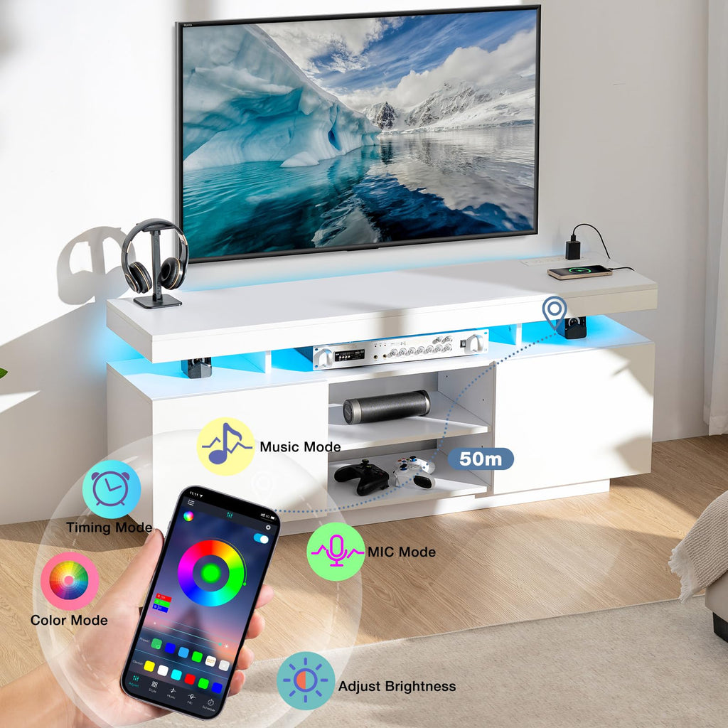 HOMMPA Modern LED TV Stand for 55 Inch TV, Black Tall TV Console with Power Outlet, Entertainment Center with Storage, High Gloss Gaming Media Console Cabinet for Living Room (47 Inch)