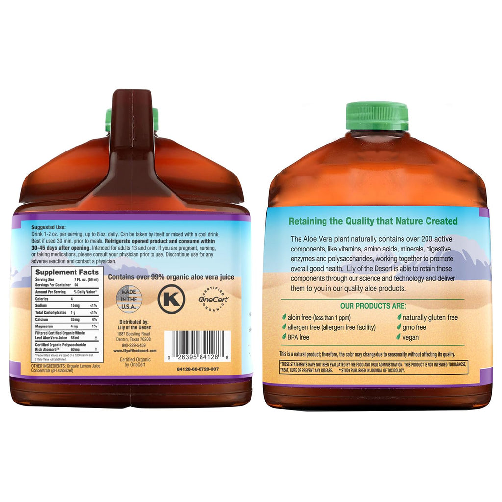Lily of the Desert Aloe Vera Juice Preservative Free, Whole Leaf Filtered Aloe Vera Drink 128 Fl Oz with Cup, Bottle