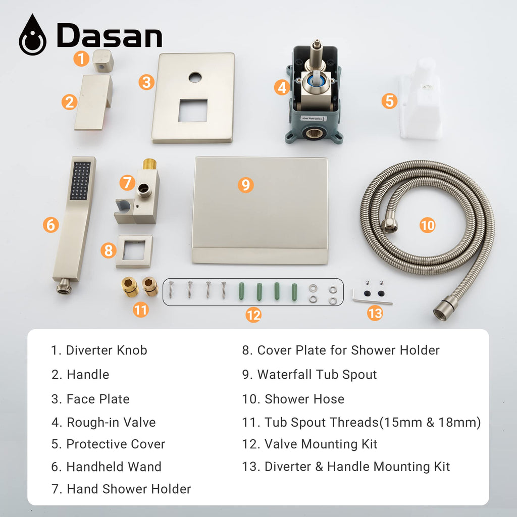 Upgraded Wall Mount Tub Filler Faucet with Handheld Shower, DASAN Modern Wall Mounted Bathtub Faucet Brushed Gold High Flow Waterfall Tub Faucet with Rough in Valve, SA-TF04WH-BG