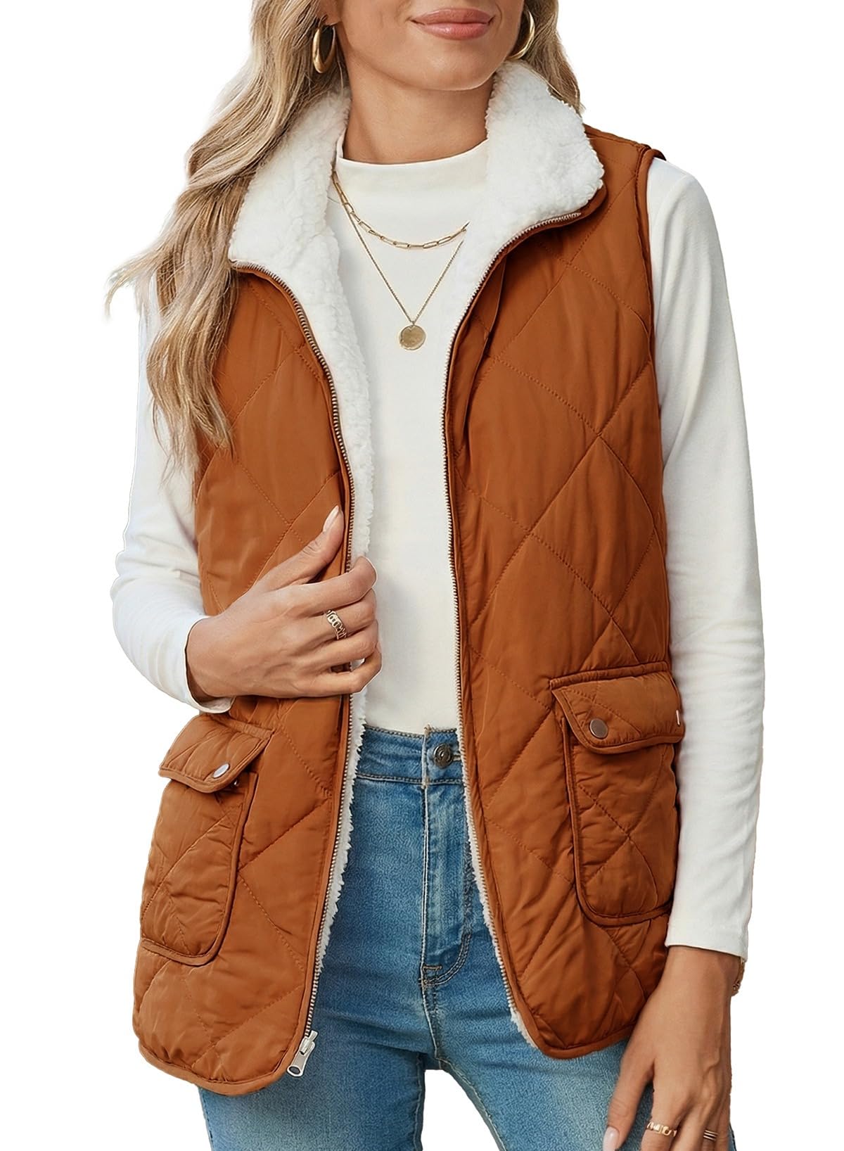 SHEWIN Women Puffer Vest Casual Stand Collar Sleeveless Puffer Jacket Warm Winter Reversible Zip Up Outerwear with Pockets