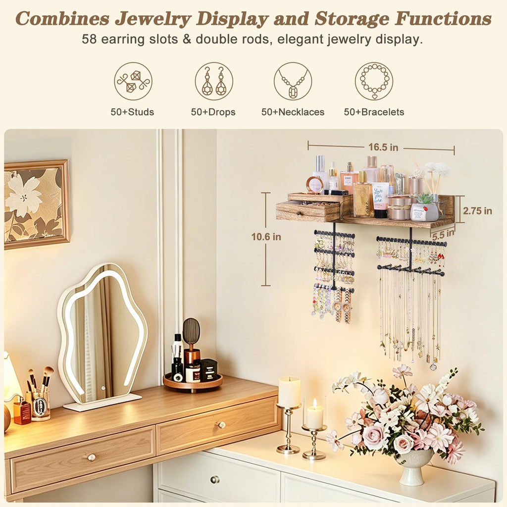 VINAEMO Jewelry Organizer Hanging Wall Mounted Jewelry Holder with Rustic Wood Drawer & Large Capacity Storage Shelf Rack Display for Earrings Rings Necklaces Bracelet(Black)