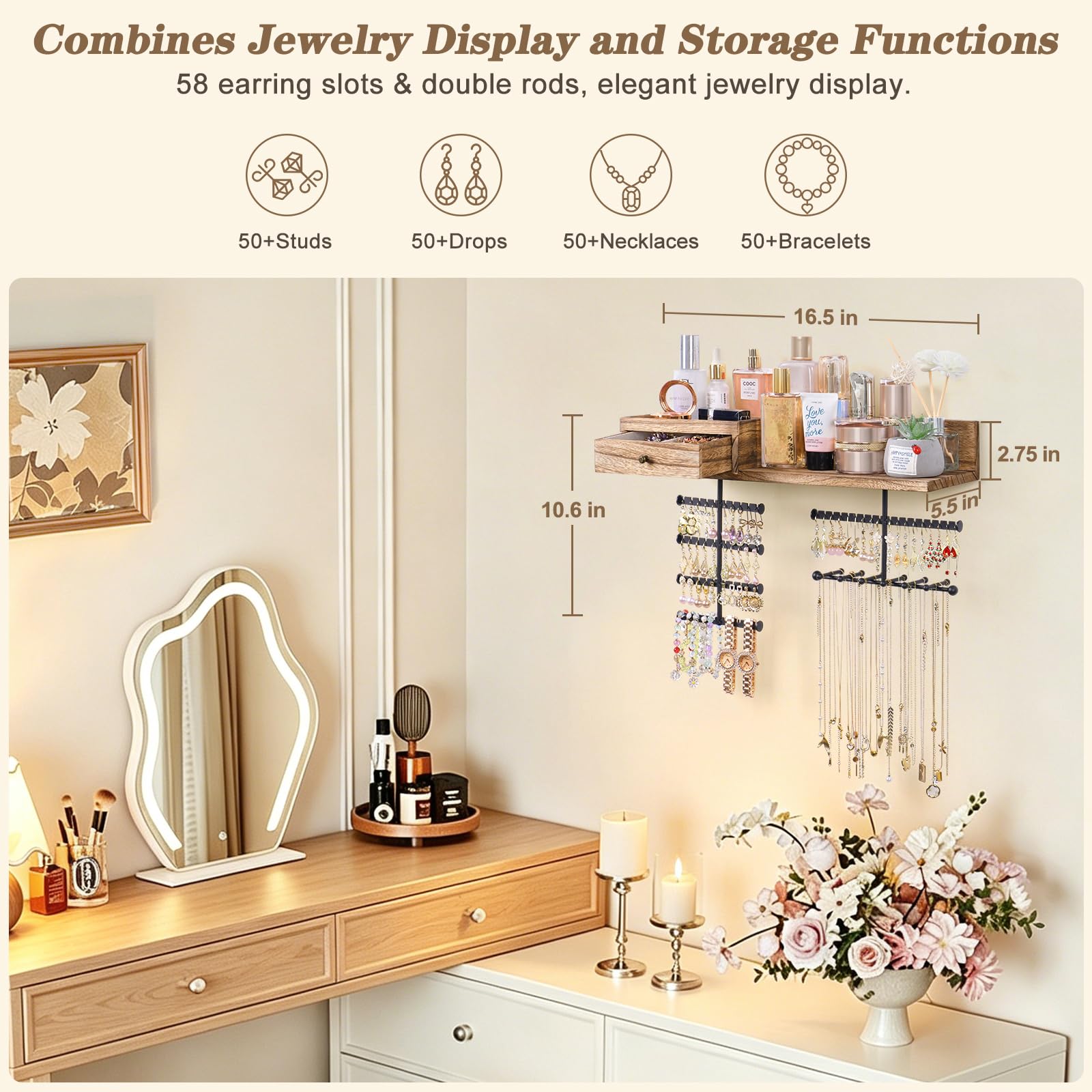 VINAEMO Jewelry Organizer Hanging Wall Mounted Jewelry Holder with Rustic Wood Drawer & Large Capacity Storage Shelf Rack Display for Earrings Rings Necklaces Bracelet(Black)