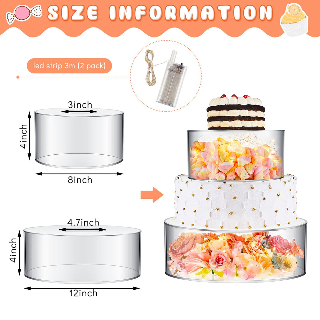 Sunnyray 2 Pcs Acrylic Cake Stands for Dessert Table Clear Fillable Cake Riser Cupcake Tier with LED Strings for Birthday Wedding Holiday Party Display(6'', 8'')