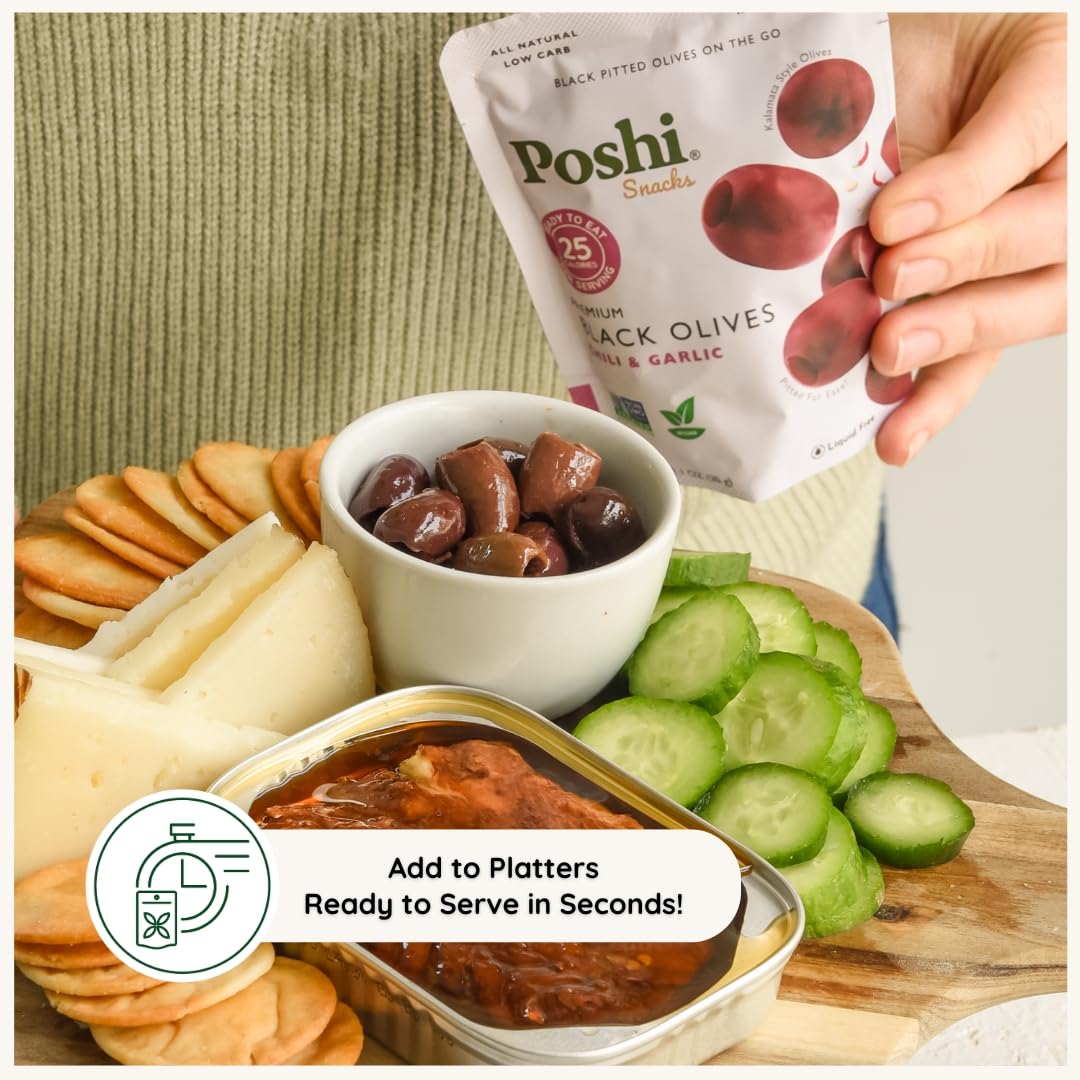 POSHI Green Pitted Olives - Basil & Garlic | Vegan, Kosher, Gluten Free + Keto Friendly, Fresh, Low Calorie Healthy Snacks | (30 Pack, 1.1oz Bags)