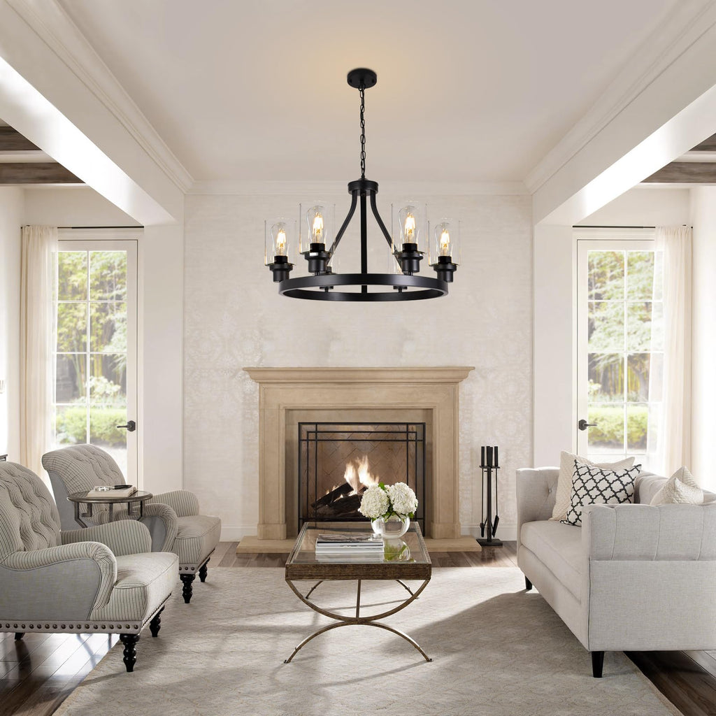 Lanhall 6-Light Modern Dining Room Light Fixture Brushed Nickel Kitchen Chandelier Ceiling Hanging Pendant Lighting with Glass Shade for Living Room Bedroom Entryway Adjustable Height Metal E26