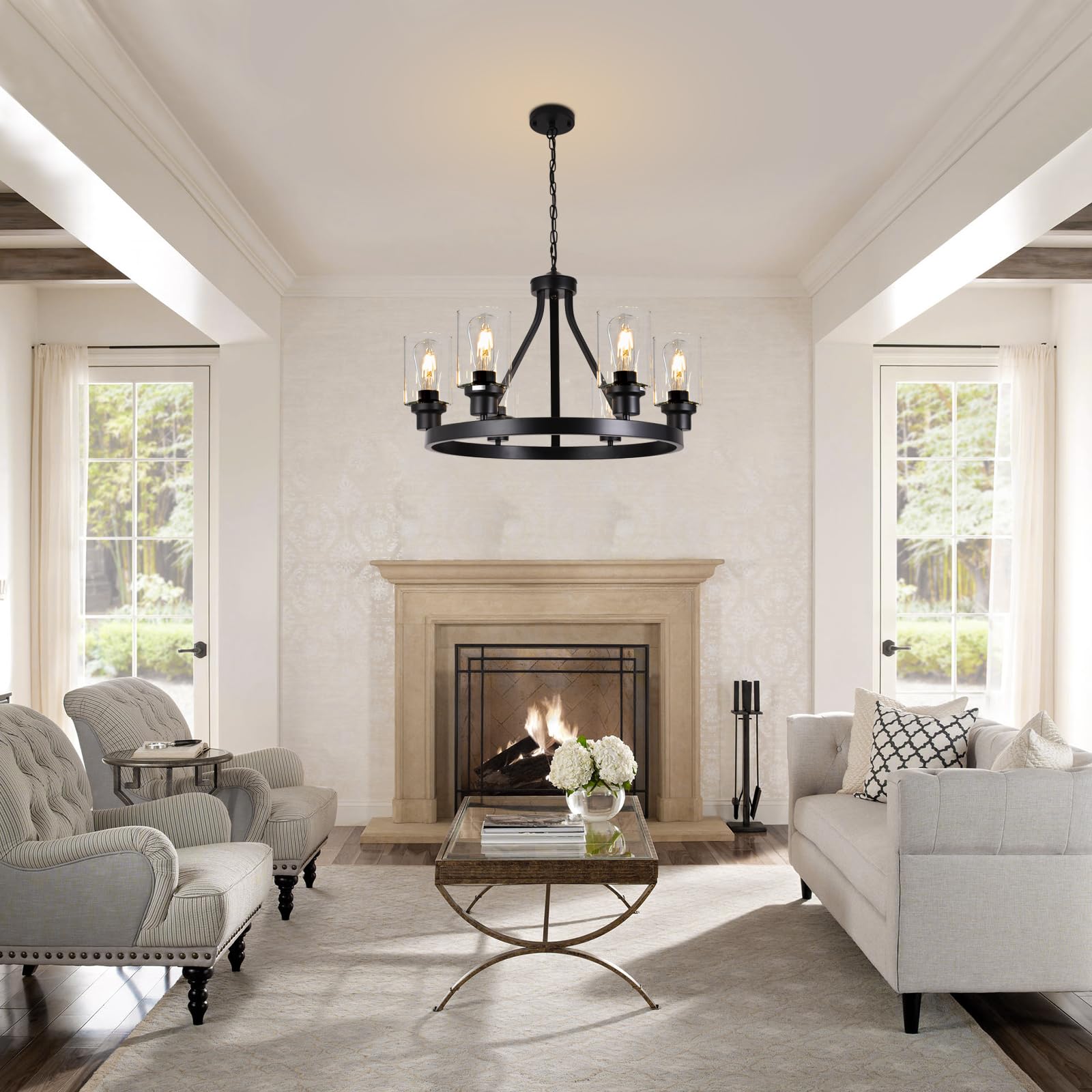 Lanhall 6-Light Modern Dining Room Light Fixture Brushed Nickel Kitchen Chandelier Ceiling Hanging Pendant Lighting with Glass Shade for Living Room Bedroom Entryway Adjustable Height Metal E26