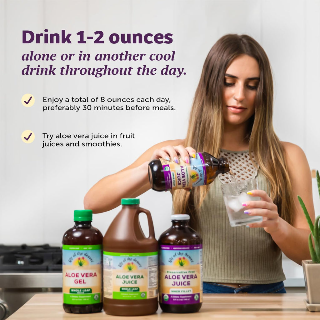 Lily of the Desert Aloe Vera Juice Preservative Free, Whole Leaf Filtered Aloe Vera Drink 128 Fl Oz with Cup, Bottle
